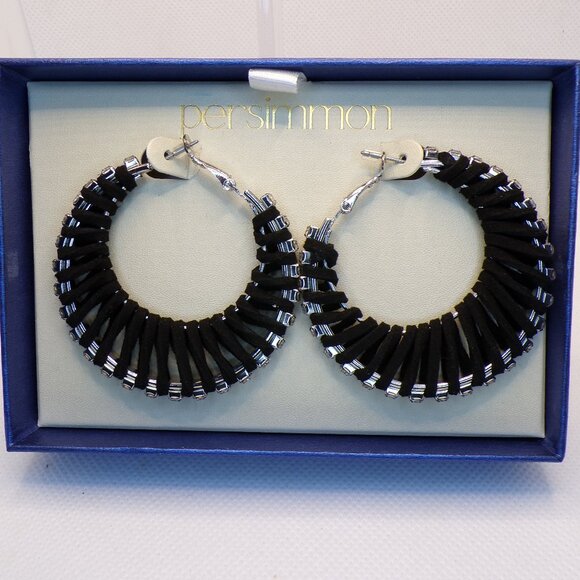 Persimmon Crystal Black Leather Hoop Earrings - Picture 1 of 7